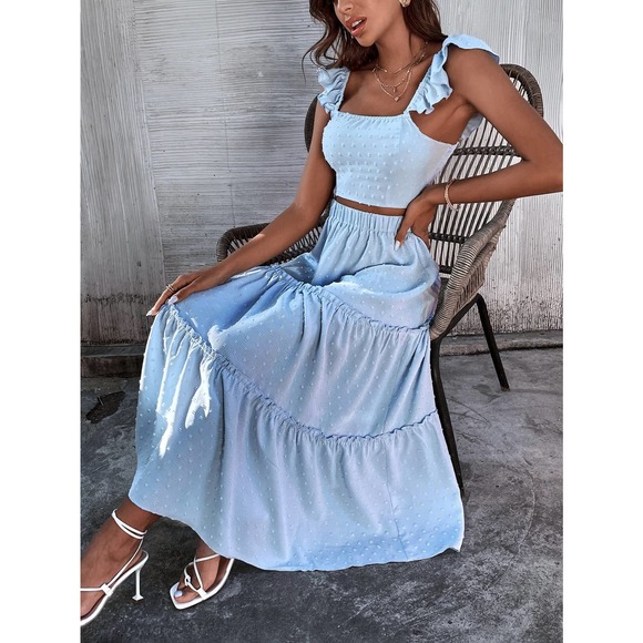 2 piece set: crop top & maxi skirt Swiss Dot Ruffle Trim Top Ruffle Hem blue - Picture 4 of 6